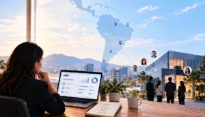 Ejecutiva analiza un dashboard de estrategia de ABM con mapa de cuentas objetivo en LatAm y contactos del comité de compra conectados a una oficina corporativa
